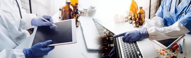 Medicine doctor hand working on a patients x-ray scans digital healthcare and connection with modern virtual screen interface icons, Medical technology and network concept. photo