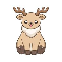 Cute happy chibi style sitting reindeer with antlers cartoon animal illustration. Winter wildlife Christmas theme clip art.