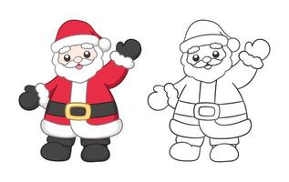 Cute happy Santa Claus waving outline and colored cartoon illustration set. Father Christmas, Kris Kringle, Saint Nick. Winter Christmas theme coloring book page activity for kids and adults. vector