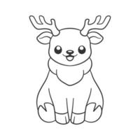 lindo estilo chibi feliz sentado reno con astas animal contorno doodle ilustración de dibujos animados. actividad de la página del libro de colorear del tema navideño de la vida silvestre de invierno para niños y adultos. vector