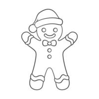 Cute gingerbread man with a bow tie and Santa hat Winter Christmas theme easy coloring book page activity for kids. vector