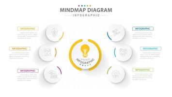 plantilla infográfica para negocios. Diagrama de mapa mental moderno de 6 pasos con círculos y títulos de temas, infografía vectorial de presentación. vector