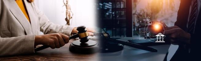 Business and lawyers discussing contract papers with brass scale on desk in office. Law, legal services, advice, justice and law concept picture with film grain effect photo