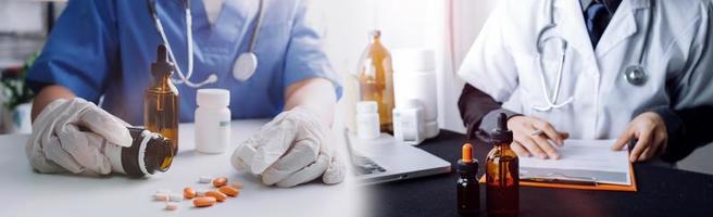 Medicine doctor hand working on a patients x-ray scans digital healthcare and connection with modern virtual screen interface icons, Medical technology and network concept. photo