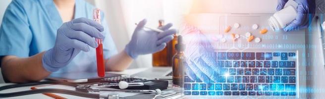Medicine doctor hand working on a patients x-ray scans digital healthcare and connection with modern virtual screen interface icons, Medical technology and network concept. photo