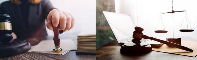 Business and lawyers discussing contract papers with brass scale on desk in office. Law, legal services, advice, justice and law concept picture with film grain effect photo