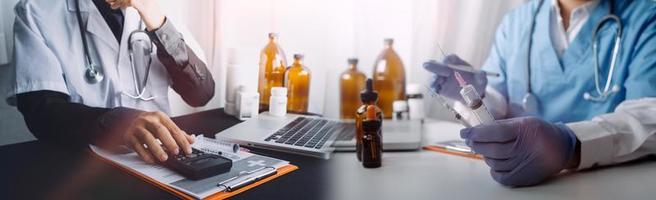 Medicine doctor hand working on a patients x-ray scans digital healthcare and connection with modern virtual screen interface icons, Medical technology and network concept. photo