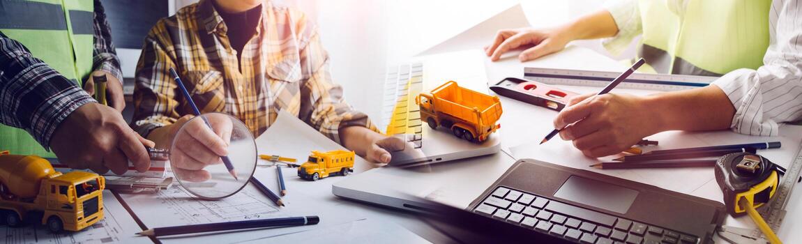 Two colleagues discussing data working and tablet, laptop with on on architectural project at construction site at desk in office photo
