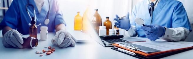 Medicine doctor hand working on a patients x-ray scans digital healthcare and connection with modern virtual screen interface icons, Medical technology and network concept. photo