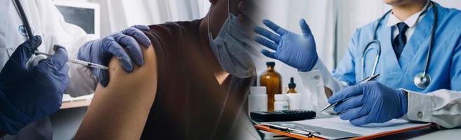 Medicine doctor hand working on a patients x-ray scans digital healthcare and connection with modern virtual screen interface icons, Medical technology and network concept. photo