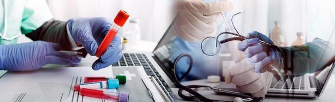 Medicine doctor hand working on a patients x-ray scans digital healthcare and connection with modern virtual screen interface icons, Medical technology and network concept. photo