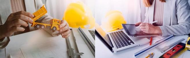 Two colleagues discussing data working and tablet, laptop with on on architectural project at construction site at desk in office photo