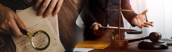 Business and lawyers discussing contract papers with brass scale on desk in office. Law, legal services, advice, justice and law concept picture with film grain effect photo