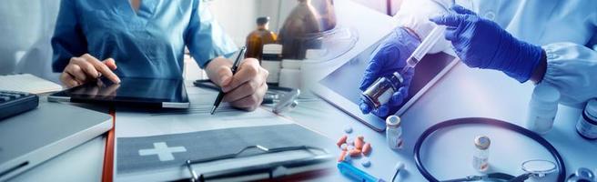 Medicine doctor hand working on a patients x-ray scans digital healthcare and connection with modern virtual screen interface icons, Medical technology and network concept. photo