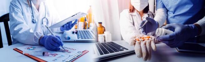 Medicine doctor hand working on a patients x-ray scans digital healthcare and connection with modern virtual screen interface icons, Medical technology and network concept. photo
