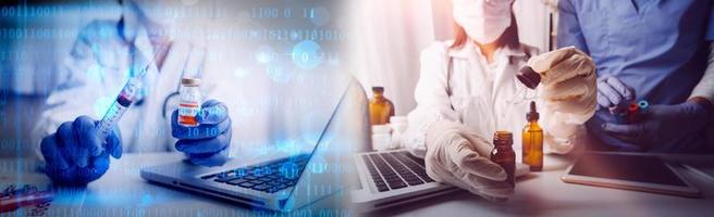 Medicine doctor hand working on a patients x-ray scans digital healthcare and connection with modern virtual screen interface icons, Medical technology and network concept. photo