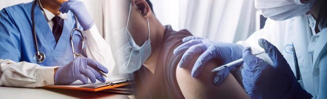 Medicine doctor hand working on a patients x-ray scans digital healthcare and connection with modern virtual screen interface icons, Medical technology and network concept. photo