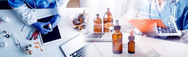 Medicine doctor hand working on a patients x-ray scans digital healthcare and connection with modern virtual screen interface icons, Medical technology and network concept. photo