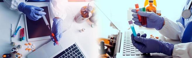 Medicine doctor hand working on a patients x-ray scans digital healthcare and connection with modern virtual screen interface icons, Medical technology and network concept. photo