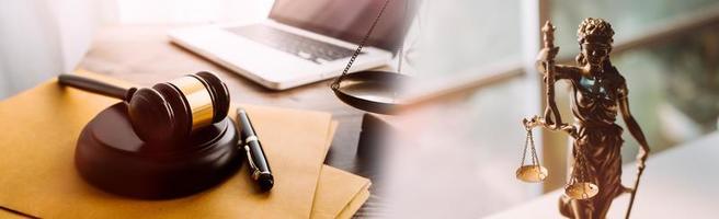 Business and lawyers discussing contract papers with brass scale on desk in office. Law, legal services, advice, justice and law concept picture with film grain effect photo