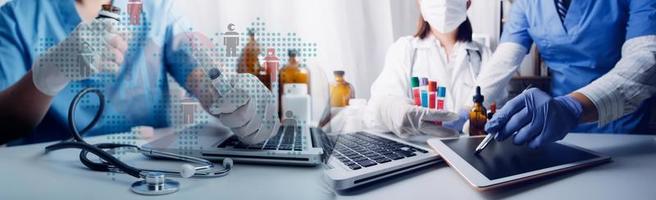Medicine doctor hand working on a patients x-ray scans digital healthcare and connection with modern virtual screen interface icons, Medical technology and network concept. photo