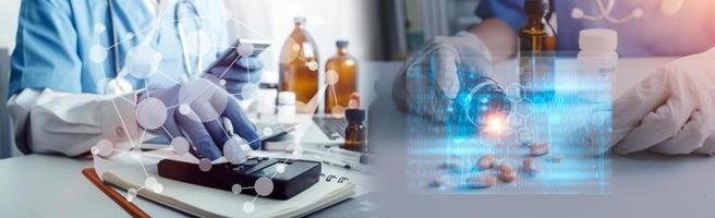 Medicine doctor hand working on a patients x-ray scans digital healthcare and connection with modern virtual screen interface icons, Medical technology and network concept. photo