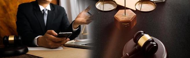 Business and lawyers discussing contract papers with brass scale on desk in office. Law, legal services, advice, justice and law concept picture with film grain effect photo