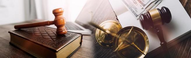 Business and lawyers discussing contract papers with brass scale on desk in office. Law, legal services, advice, justice and law concept picture with film grain effect photo