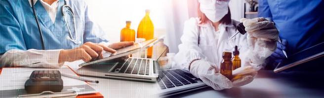 Medicine doctor hand working on a patients x-ray scans digital healthcare and connection with modern virtual screen interface icons, Medical technology and network concept. photo