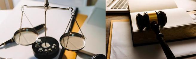 Business and lawyers discussing contract papers with brass scale on desk in office. Law, legal services, advice, justice and law concept picture with film grain effect photo