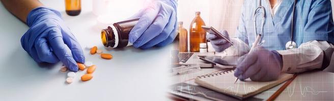 Medicine doctor hand working on a patients x-ray scans digital healthcare and connection with modern virtual screen interface icons, Medical technology and network concept. photo