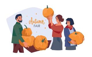 Autumn fair. Man and woman with pumpkins. Vector image.