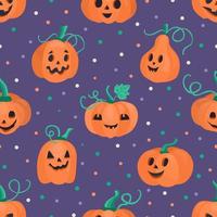 Halloween seamless pattern with Jack o lanterns pumpkins on purple background. Hand drawn flat illustration. vector