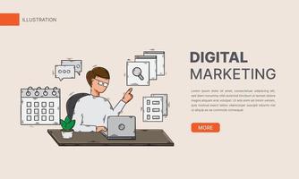 concepto de marketing digital ilustración plana dibujada a mano o hombre con computadora portátil usando herramientas y servicios para negocios vector