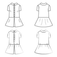 Drawing, sketch, silhouette outline, baby dresses. Children's clothing model. Front and side view vector