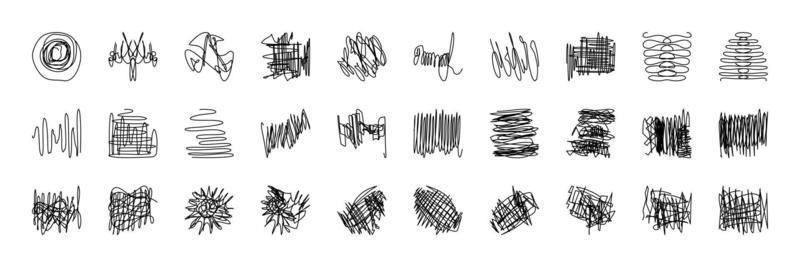 Big set different scribbles, sketch pencil, confusing process path, messy line, hand drawn patterns, isolated vector