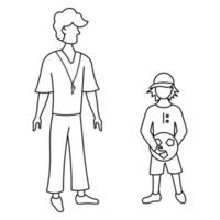 Sports teacher trains a student. Sketch. A man with a whistle around his neck and a boy in a cap with a soccer ball. Vector illustration. School theme. Coloring book for children. Doodle style.