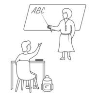 A schoolboy raises his hand to answer the teacher's question. Sketch. A woman points with a pointer at the letters ABC written on the blackboard. Next to the boy is a textbook and a briefcase. vector
