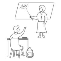 A schoolboy raises his hand to answer the teacher's question. Sketch. A woman points with a pointer at the letters ABC written on the blackboard. Next to the boy is a textbook and a briefcase. vector