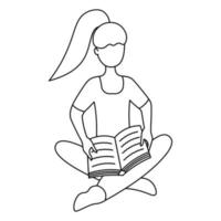 The girl sits in the lotus position and reads a book. Sketch. Vector illustration. The student is holding a textbook on her lap. Coloring book for children. Doodle style.