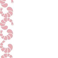 Shrimp. Seamless vertical border. Repeating vector pattern. Pink seafood. Shrimp tail. Isolated colorless background. Endless ornament. Flat style.