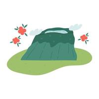 Hallasan mountain. Korean Jeju island landmark - flat vector illustration isolated on white background. Mountain with lake. Cute mountain with clouds and camellia flowers.