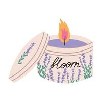 Burning candle in jar with blooming lavender scent, flat vector illustration isolated on white background. Hand drawn trendy candle with spring flower fragrance. Spa and aromatherapy con