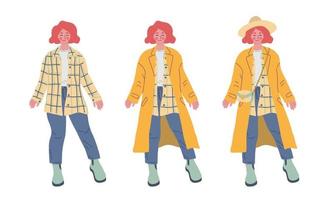 Fall fashion wardrobe. Dress up female character. Stylish woman wearing coat and hat. Hand drawn cartoon vector illustration