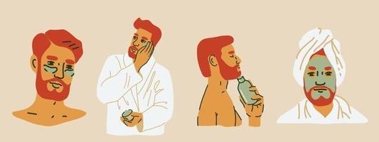Bearded hipster characters applying skincare products, face masks, eye patches. Hand drawn vector illustration