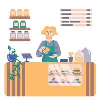 Barista standing at the coffee shop counter. Male worker making coffee at a cafe. Flat vector illustration