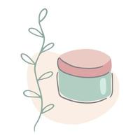 Cosmetic jar with abstract floral background. Skincare product packaging template. Hand drawn vector illustration in simple cartoon style