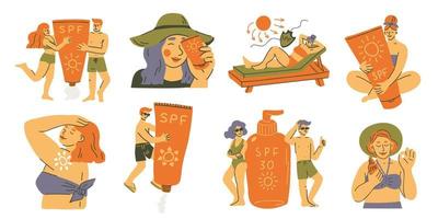 colección de personas felices con tubos y botellas spf. concepto de protección solar y cuidado de la piel en verano. ilustración vectorial de dibujos animados vector