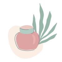 Cosmetic jar with abstract floral background. Skincare product packaging template. Hand drawn vector illustration in simple cartoon style