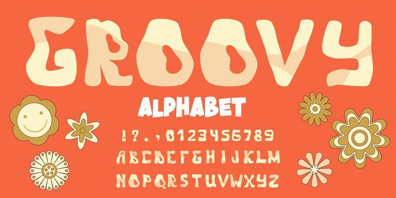Groovy alphabet font in vintage hippy style. Retro 60s 70s psychedelic design alphabet. Vintage 70s wavy background. Psychedelic swirl groovy letters